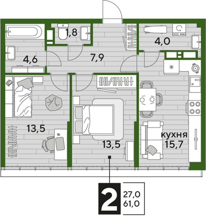 Планировка 2-комн 61 м²