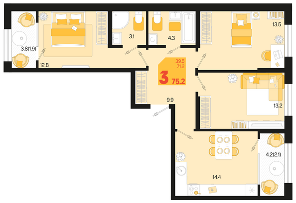 Планировка 3-комн 75,2 м²