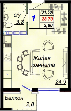 Планировка 1-комн 31,5 м²