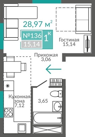 Планировка 1-комн 28,97 м²