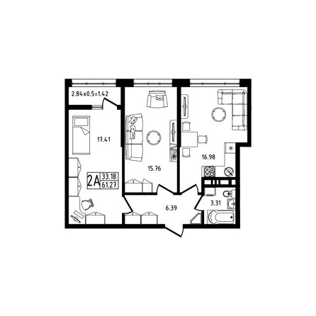 Планировка 2-комн 61,27 м²