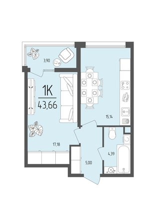 Планировка 1-комн 43,66 м²