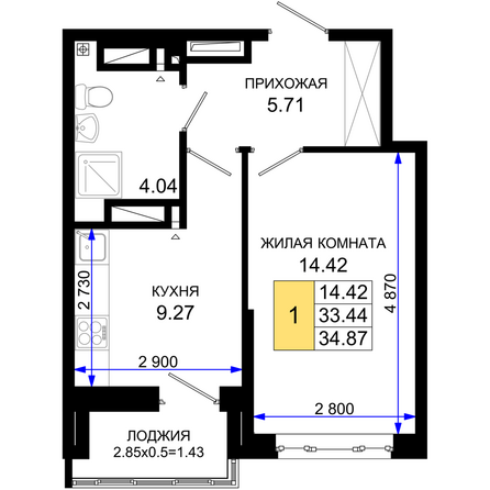 Планировка 1-комн 34,87 м²