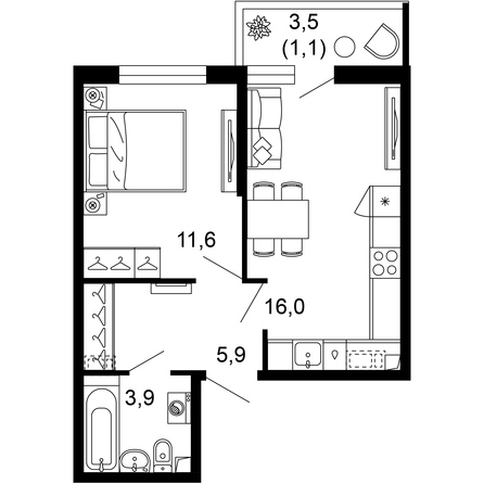 Планировка 1-комн 38,5 м²