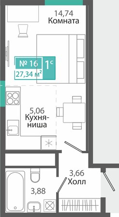 Планировка 1-комн 27,34 м²