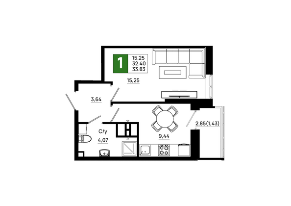 Планировка 1-комн 33,83 м²