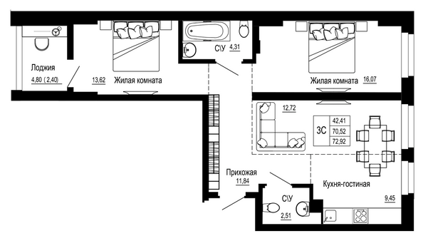 Планировка 3-комн 73,14 м²