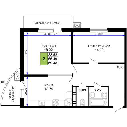 Планировка 2-комн 69,48 м²