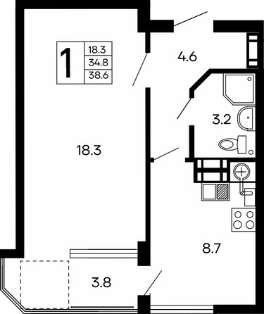Планировка 1-комн 38,6 м²