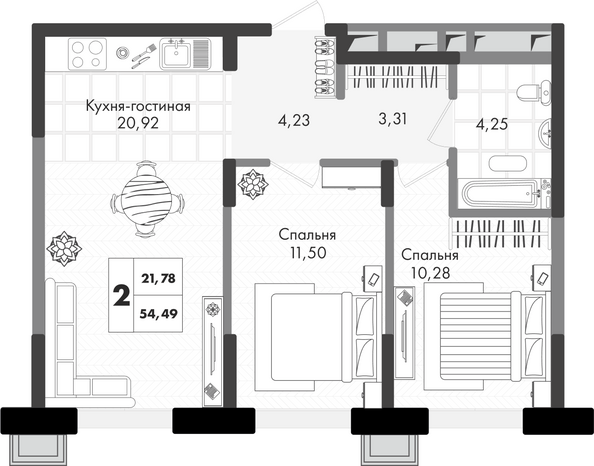 Планировка 2-комн 54,49 м²