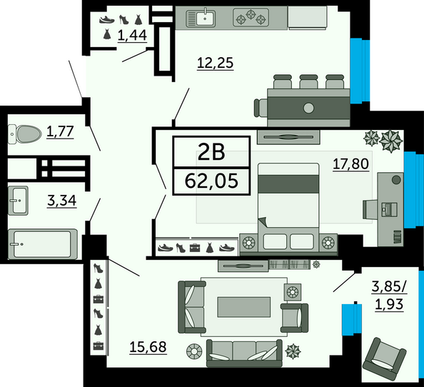 Планировка 2-комн 62,05 м²