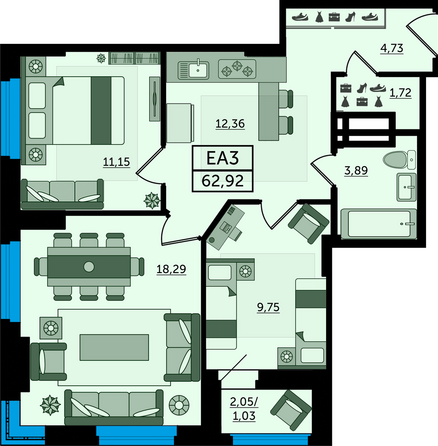 Планировка 3-комн 62,92 м²