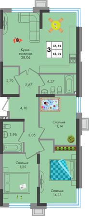 Планировка 3-комн 85,72 м²