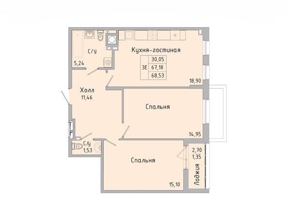 Планировка 3-комн 67,4 - 68,53 м²