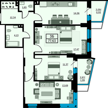 Планировка 3-комн 77,6 м²