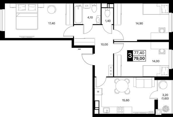 Планировка 3-комн 79, 79,4 м²