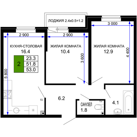 Планировка 2-комн 53 м²