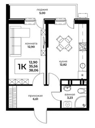 Планировка 1-комн 38,64 м²