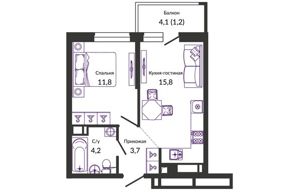 Планировка 1-комн 36,7 м²