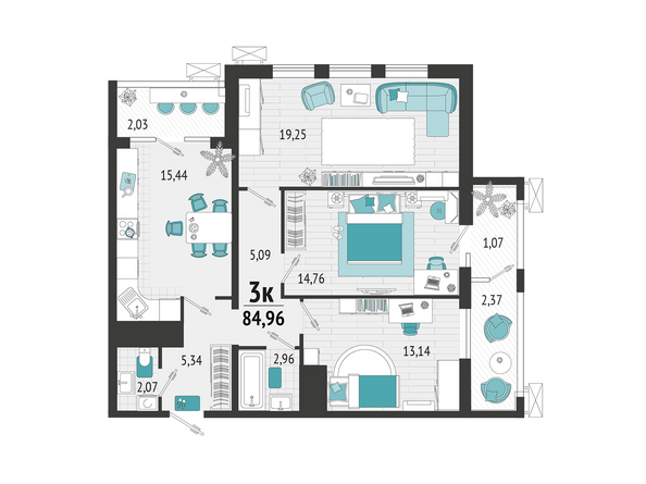 Планировка 3-комн 84,96 м²