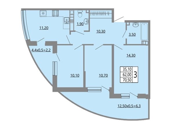 Планировка 3-комн 70,5 м²