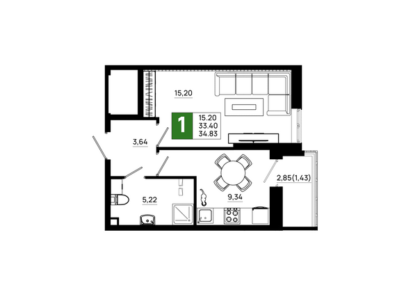 Планировка 1-комн 34,83 м²