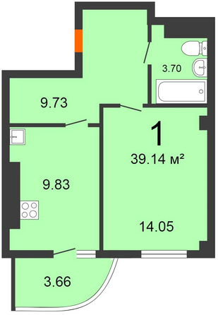 Планировка 1-комн 39,14 м²
