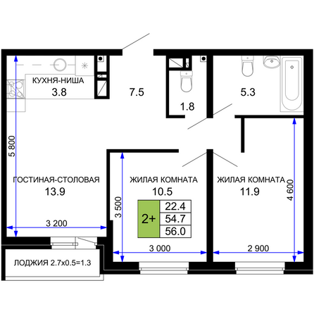 Планировка 2-комн 56 м²