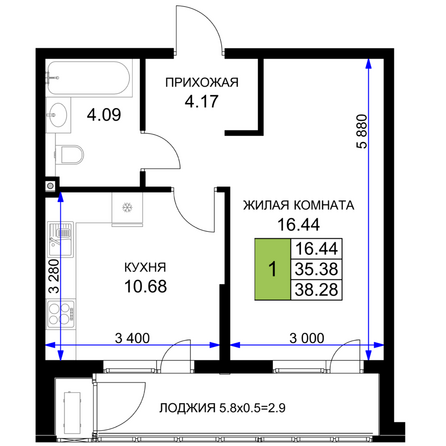 Планировка 1-комн 38,28 м²