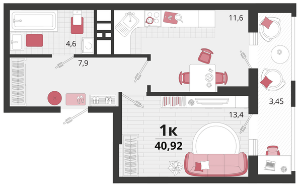 Планировка 1-комн 40,92 м²