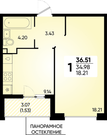 Планировка 1-комн 36,51 м²