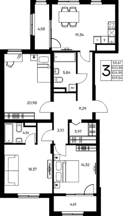 Планировка 3-комн 109,54 м²