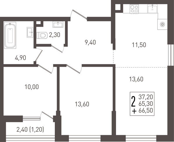 Планировка 2-комн 66,5, 67,5 м²