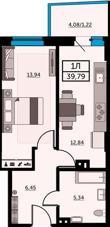 Планировка 1-комн 39,2 - 39,42 м²