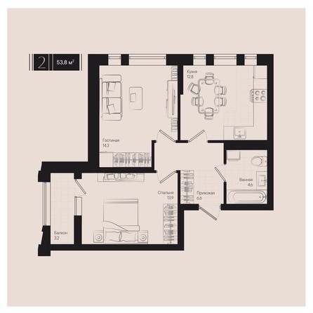 Планировка 2-комн 53,8 м²