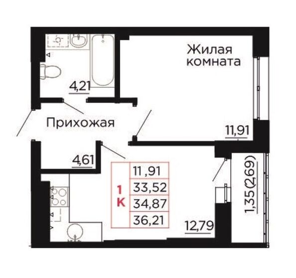 Планировка 1-комн 34,87 м²