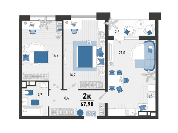 Планировка 2-комн 67,9 м²