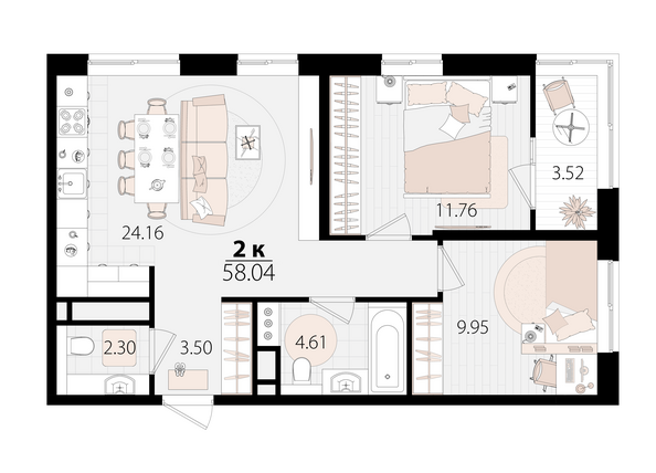 Планировка 2-комн 57,86 м²