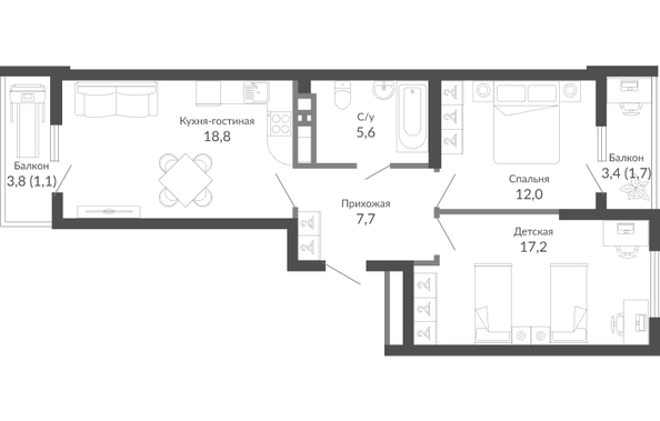 Планировка 2-комн 64,1 м²