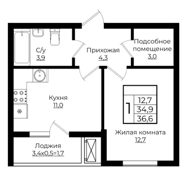 Планировка 1-комн 36,6 м²