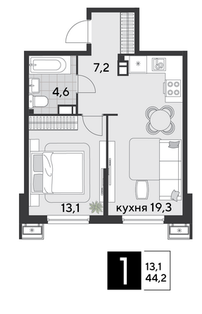 Планировка 1-комн 44,2 м²