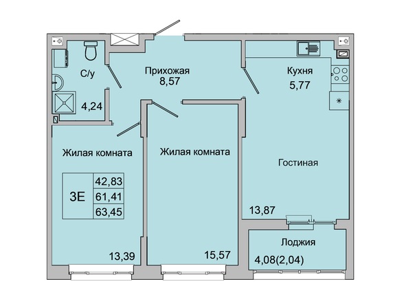 Планировка 3-комн 62,32 - 63,45 м²