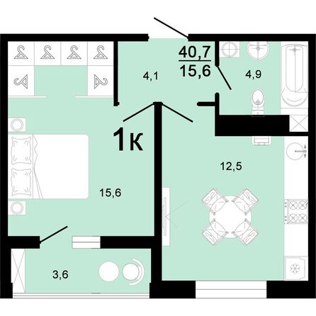 Планировка 1-комн 40, 40,7 м²