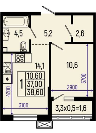 Планировка 1-комн 38,6 м²
