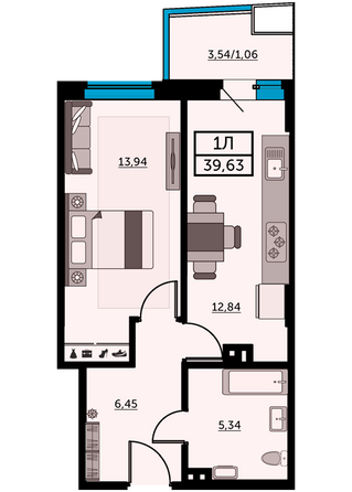 Планировка 1-комн 39,74 - 39,97 м²