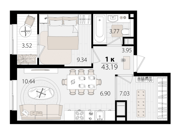 Планировка 1-комн 42,83 м²