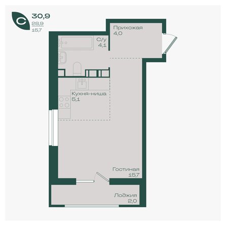 Планировка 1-комн 30,9 м²