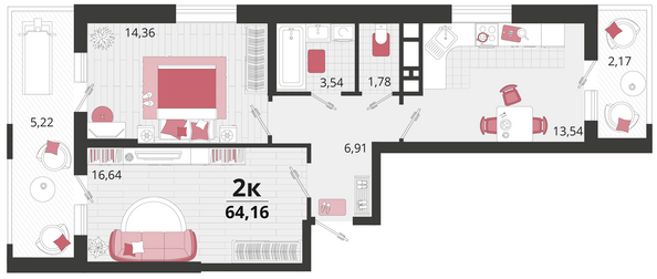 Планировка 2-комн 64,16 м²