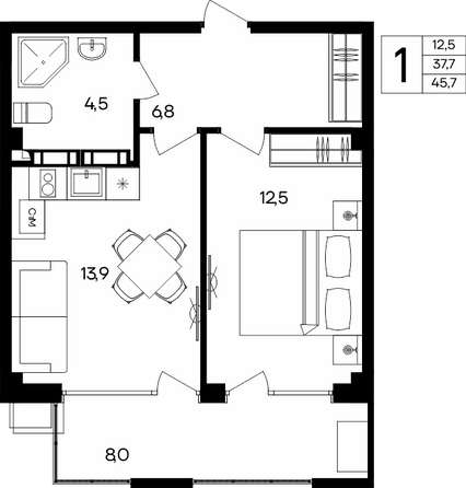 Планировка Апартамент 45,7 м²