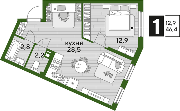 Планировка 1-комн 46,4 м²